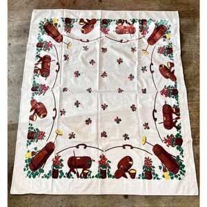 Vintage Simtex Mid Century Butter Churns & Red Flowers Tablecloth